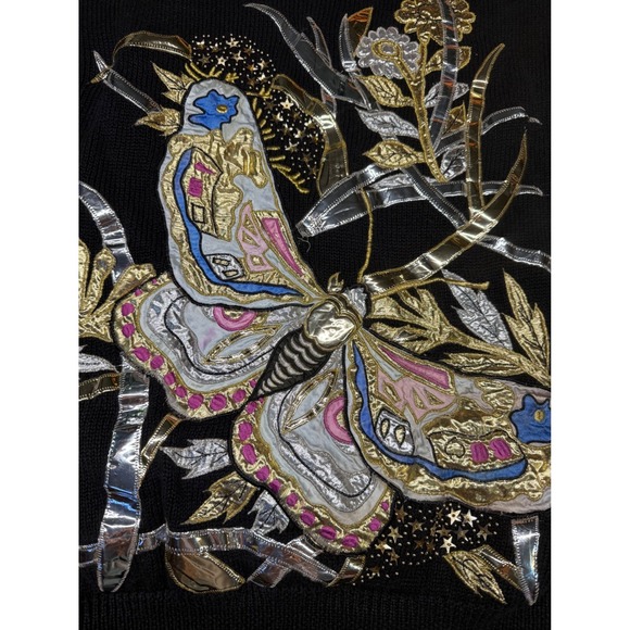 VTG Bonnie Boerer 80s Metallic Butterfly Sweater Black Ramie Cotton Macau L - Picture 2 of 4